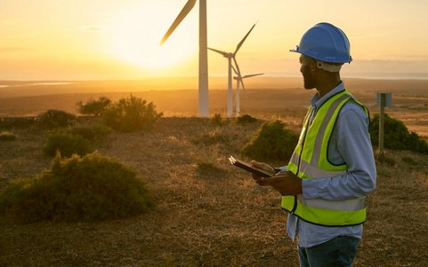 An employee wearing a blue helmet and a high-visibility vest standing in front of wind turbines.